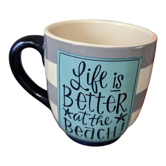 Laura Kirkland Life is better at the beach coffee mug 4.5 in gray white blue - Picture 5 of 8